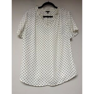 Talbots Polka Dot Ruffle Neck Short Sleeve Top Women Size Large Cream Navy‎